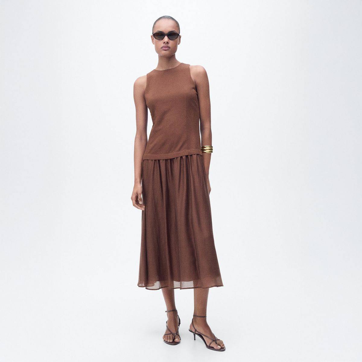 MANGO - Vestido Midi Tejido Combinado Mujer Mango