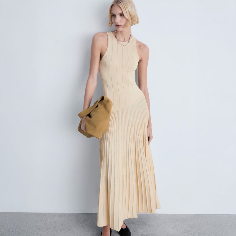 MANGO - Vestido Plisado Punto Mujer Mango