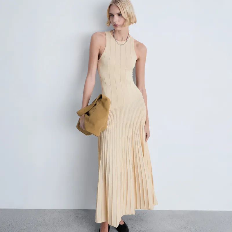 MANGO - Vestido Plisado Punto Mujer Mango