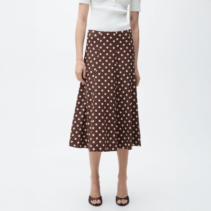 MANGO - Falda Evasé Lino Topos Mujer Mango