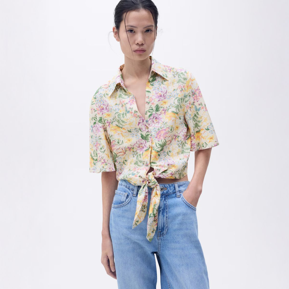MANGO - Blusa Lino Floral Nudo Mujer Mango