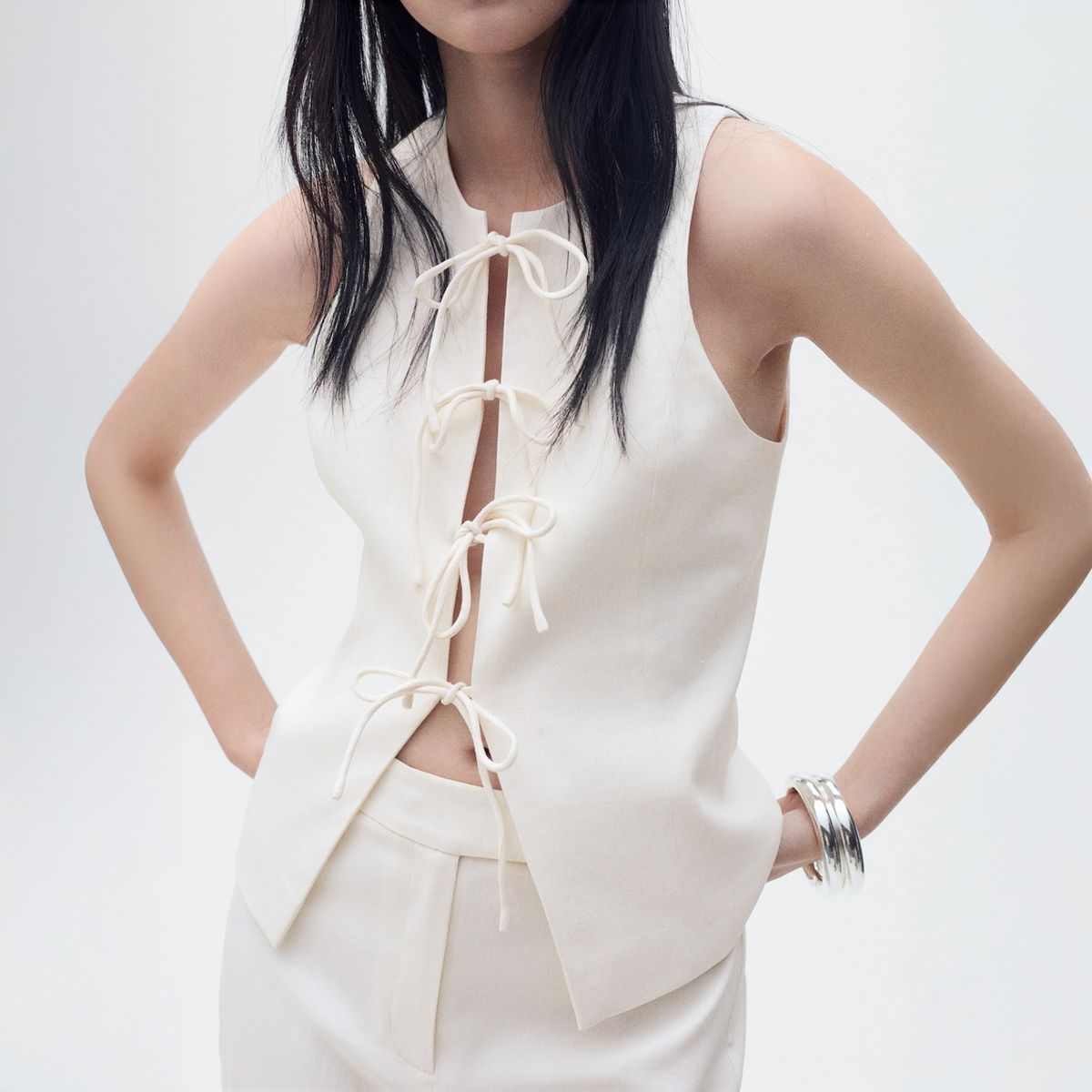 MANGO - Top Lazos Mezcla Lino Mujer Mango