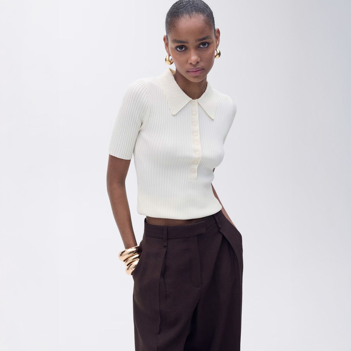 MANGO - Polera Cuello Polo Punto Canalé Mujer Mango