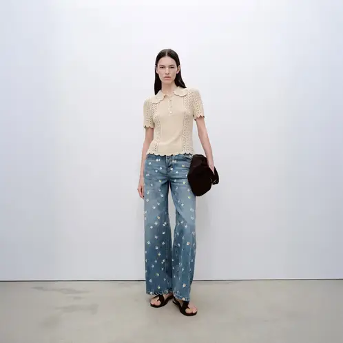 MANGO - Jeans Wideleg Bordado Flores Mujer