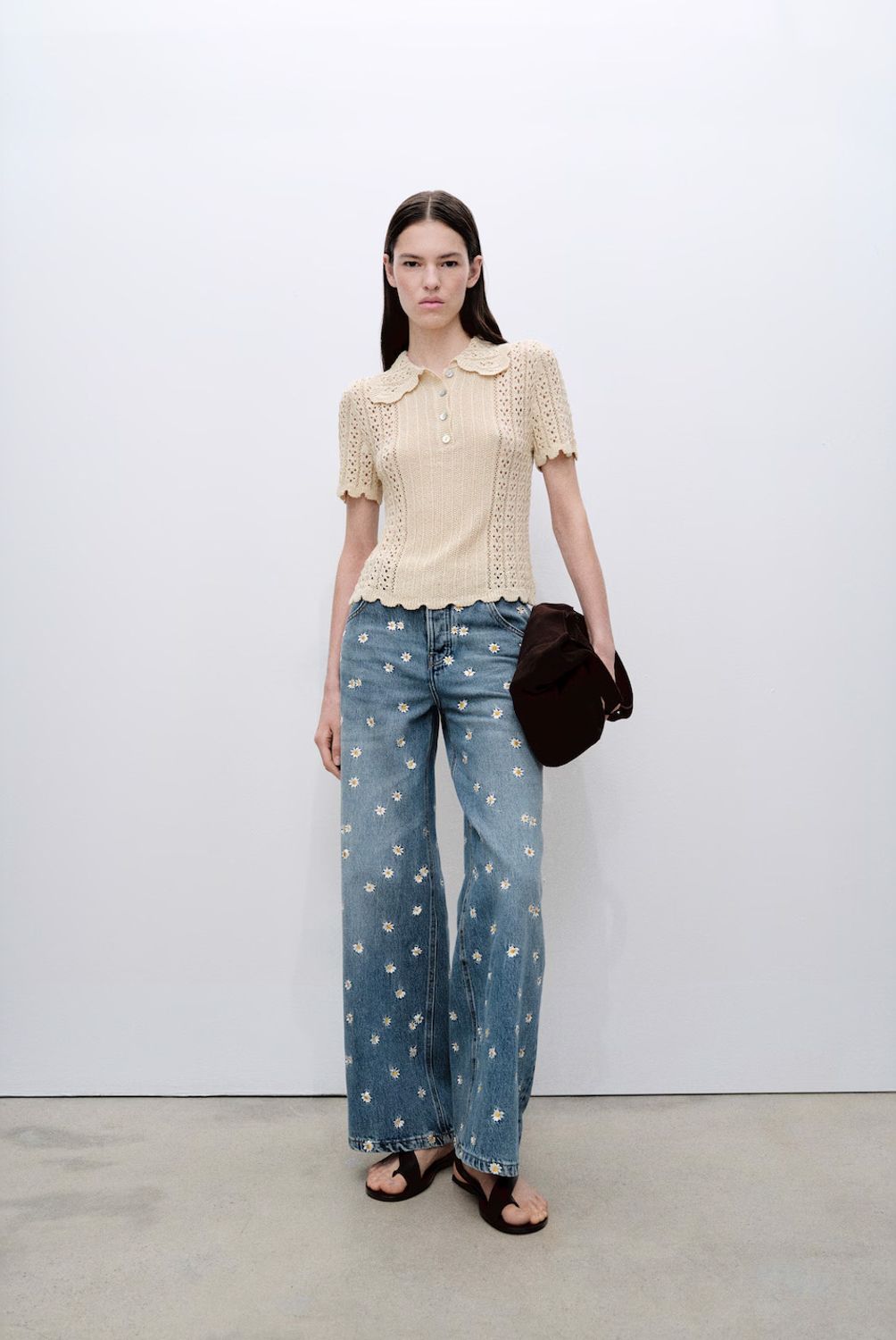 MANGO - Jeans Wideleg Bordado Flores Mujer Mango