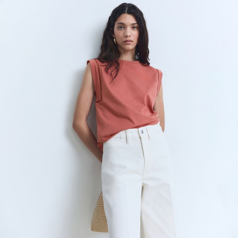MANGO - Polera Algodón Ribetes Calados Mujer Mango