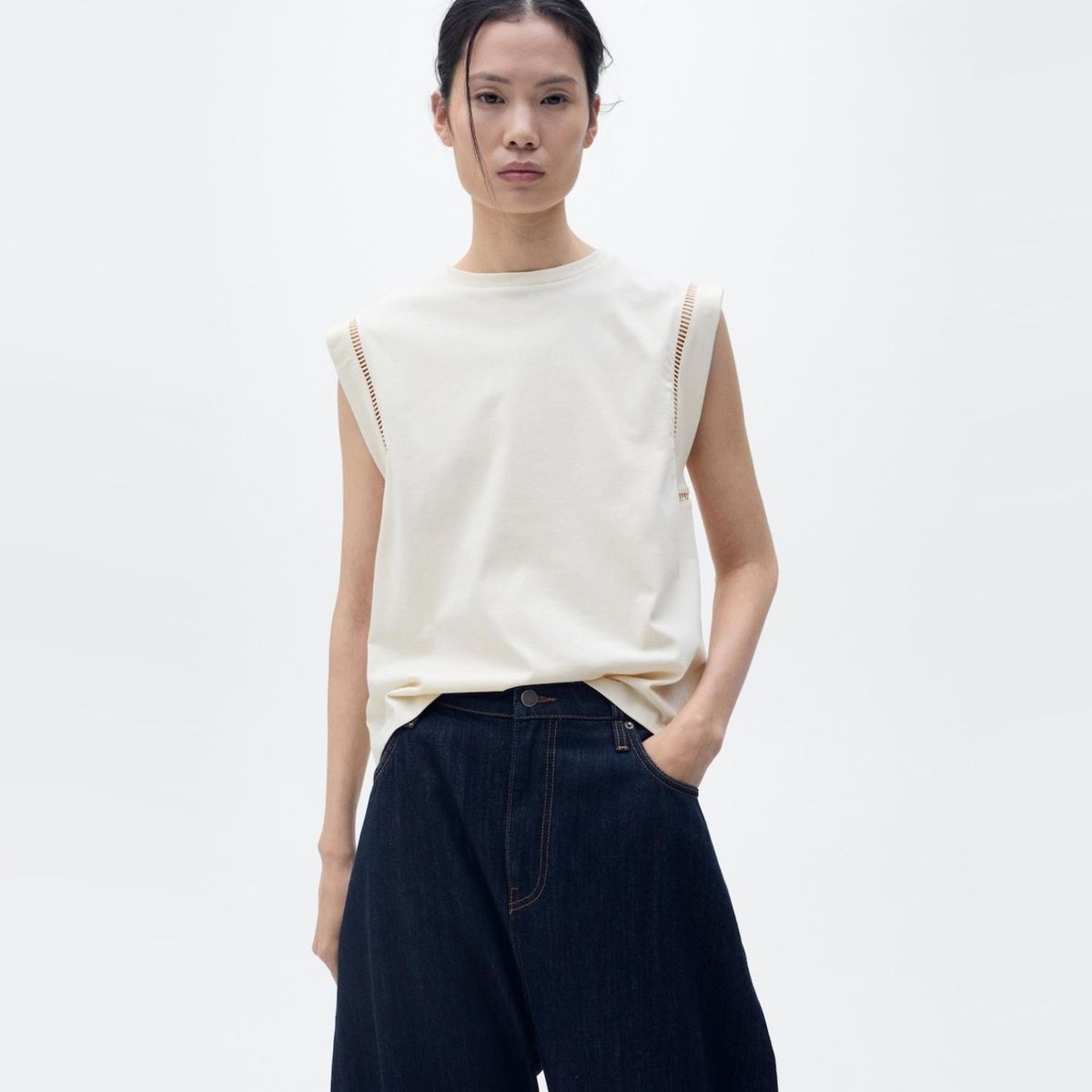 MANGO - Polera Algodón Ribetes Calados Mujer Mango