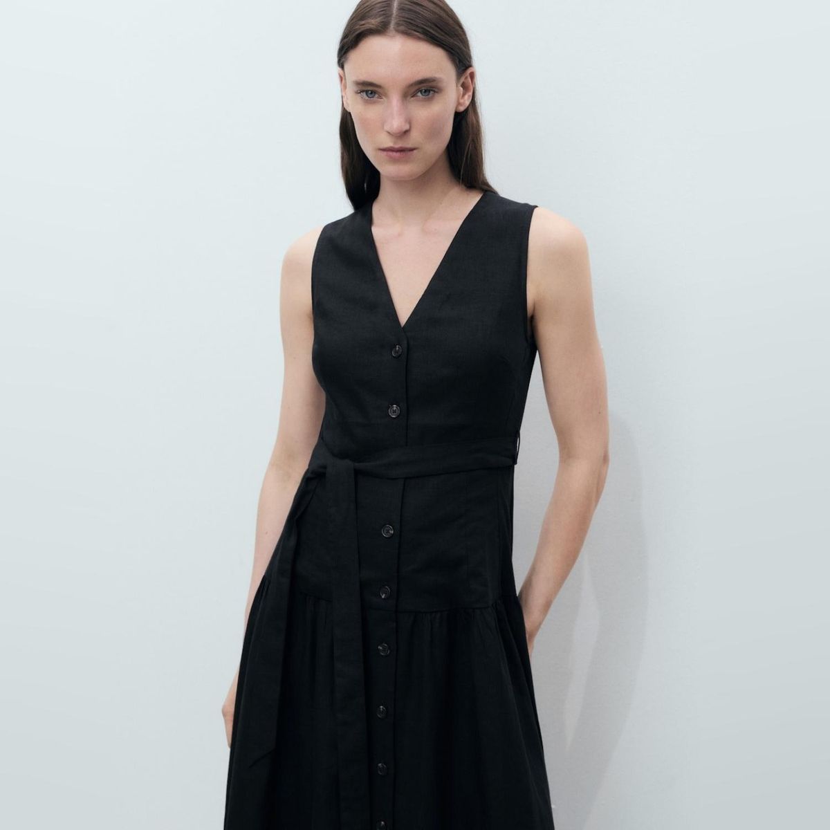 MANGO - Vestido Midi Lino Cinturón Mujer Mango