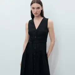 MANGO - Vestido Midi Lino Cinturón Mujer