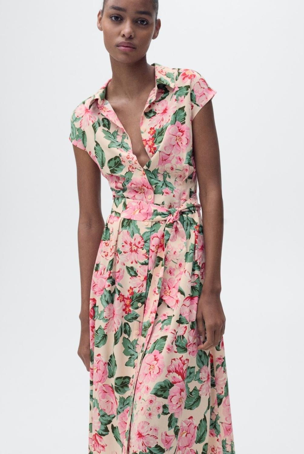 MANGO - Vestido Camisero Estampado Cinturón Mujer Mango
