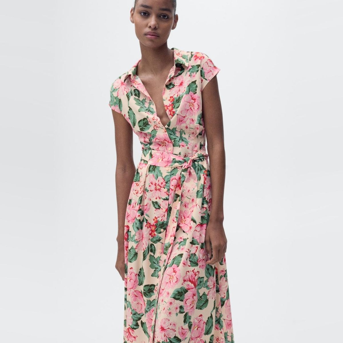 MANGO - Vestido Camisero Estampado Cinturón Mujer Mango