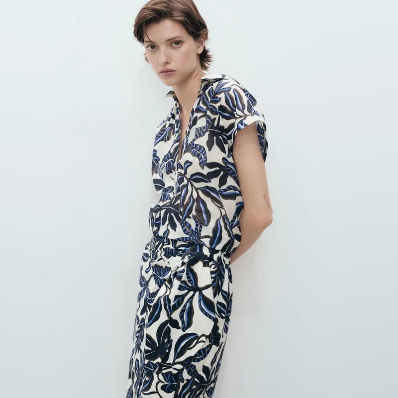 MANGO - Blusa Algodón Estampada Manga Corta Mujer Mango