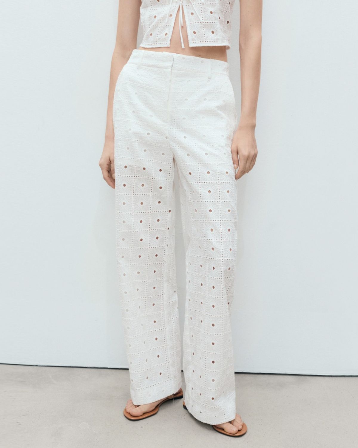 MANGO Pantalón Recto Algodón Bordado Mujer Mango