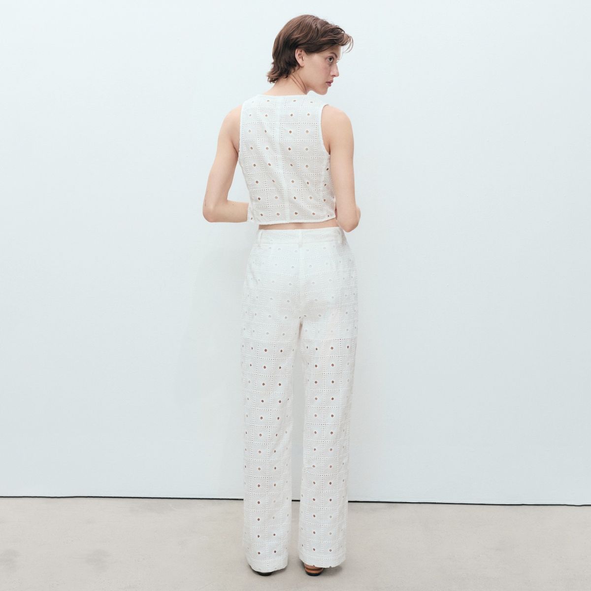 MANGO - Pantalón Recto Algodón Bordado Mujer Mango