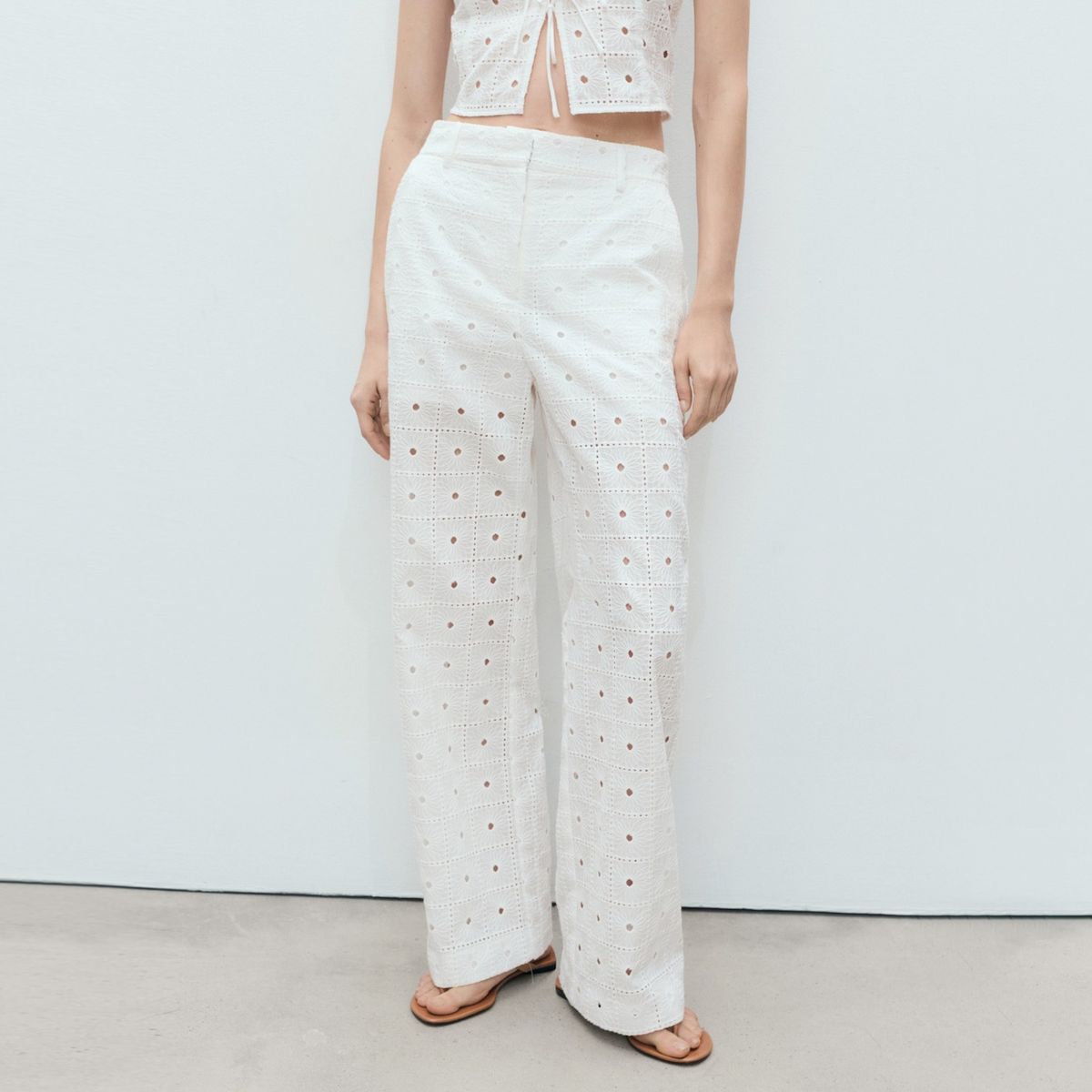 MANGO - Pantalón Recto Algodón Bordado Mujer Mango