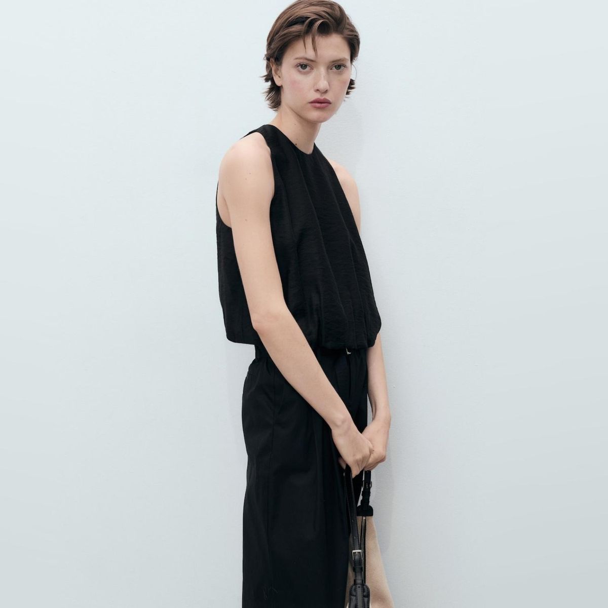 MANGO - Top Mezcla Lyocell Bajo Abullonado Mujer Mango