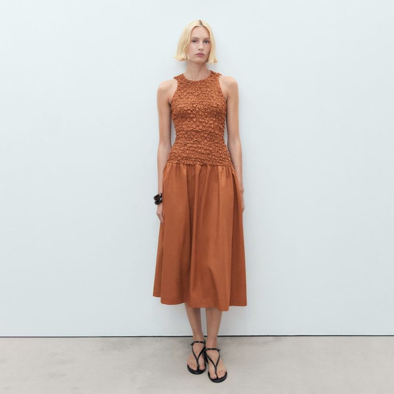 MANGO - Vestido Combinado Textura Espalda Abierta Mujer Mango
