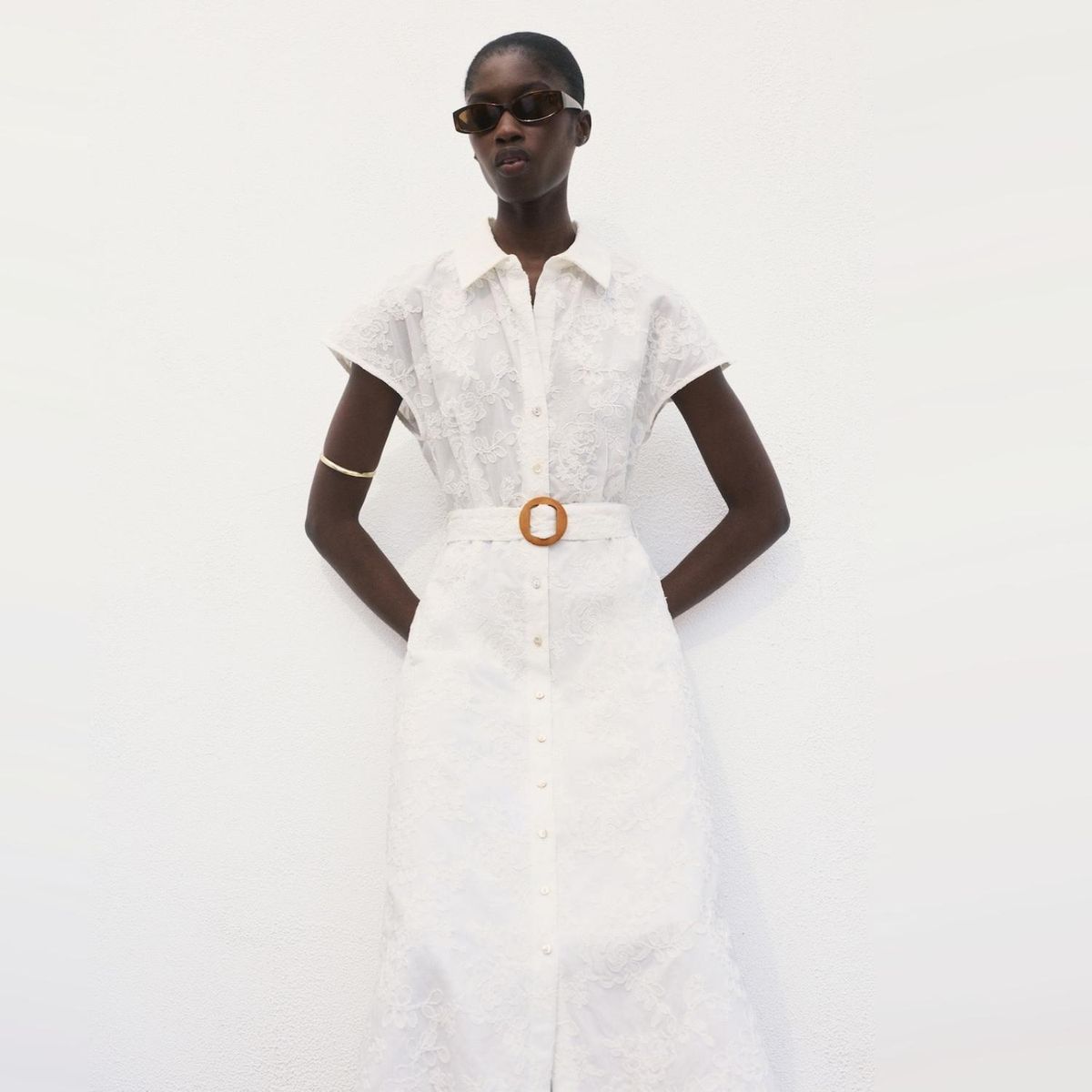 MANGO - Vestido Camisero Bordado Cinturón Mujer Mango