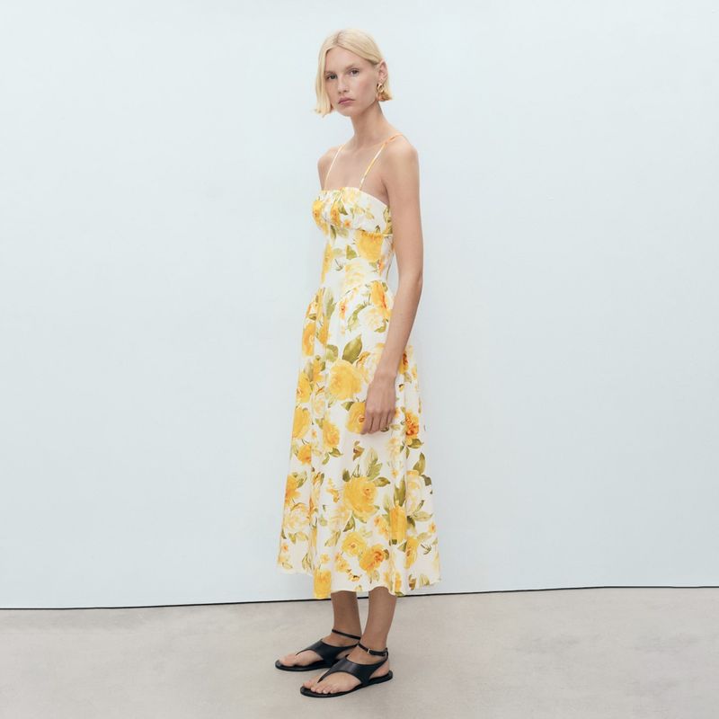 MANGO - Vestido Midi Floral Escote Fruncido Mujer Mango