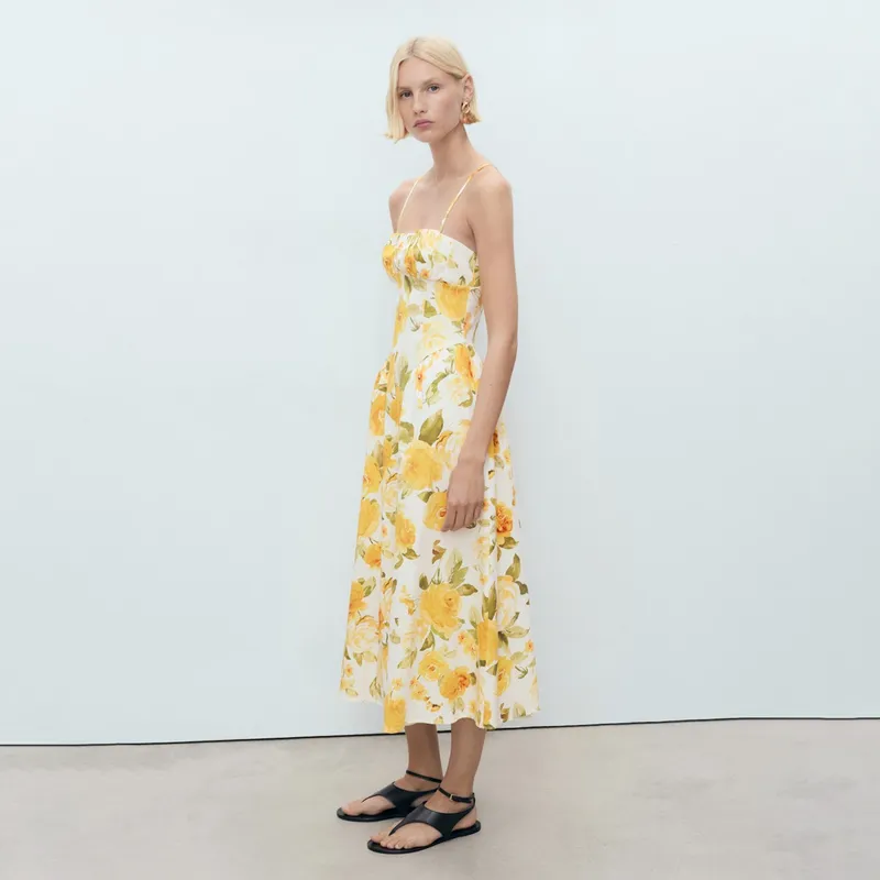 MANGO - Vestido Midi Floral Escote Fruncido Mujer Mango