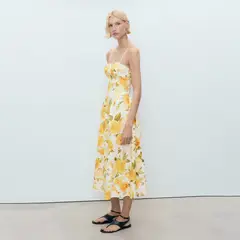 MANGO - Vestido Midi Floral Escote Fruncido Mujer