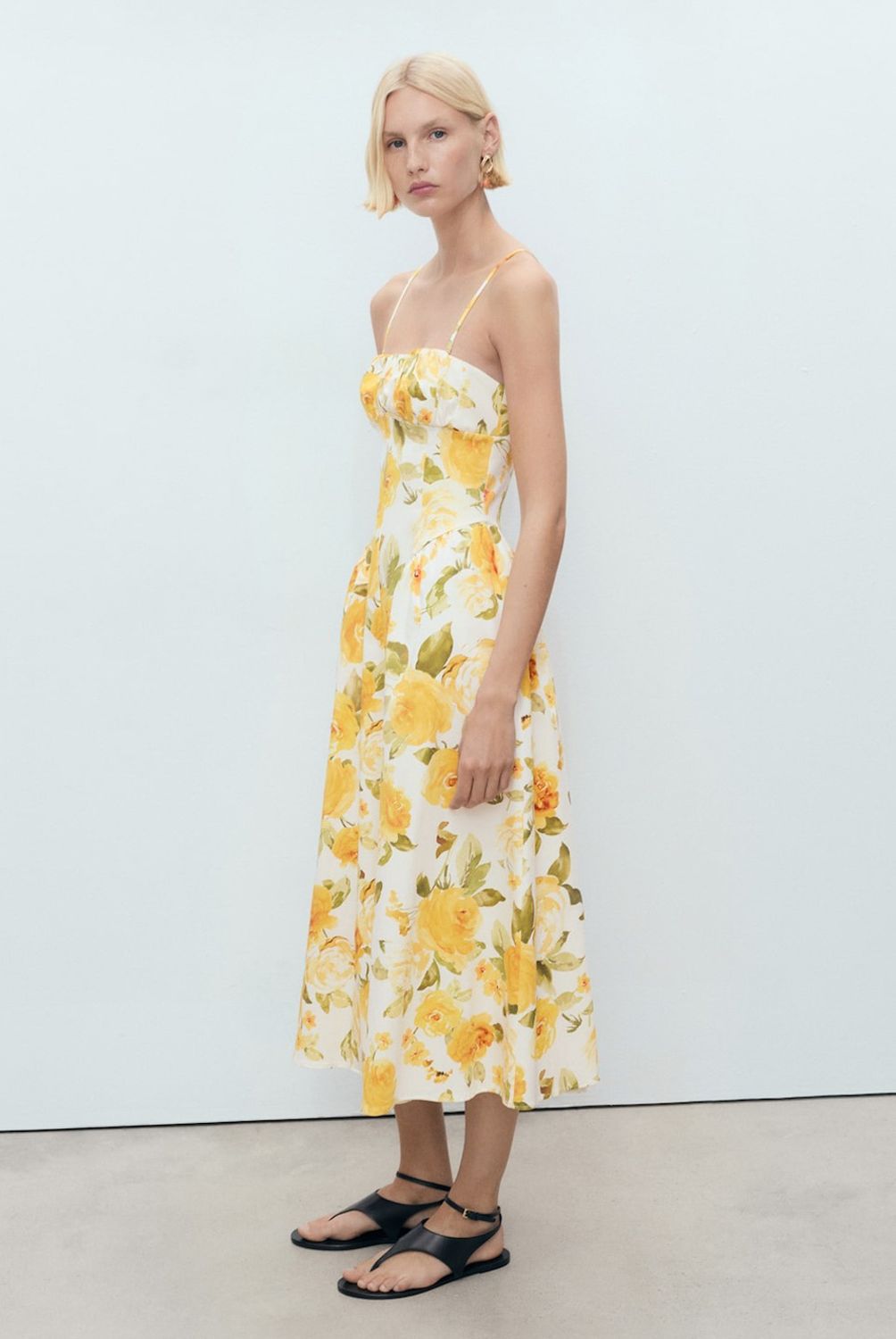 MANGO - Vestido Midi Floral Escote Fruncido Mujer Mango