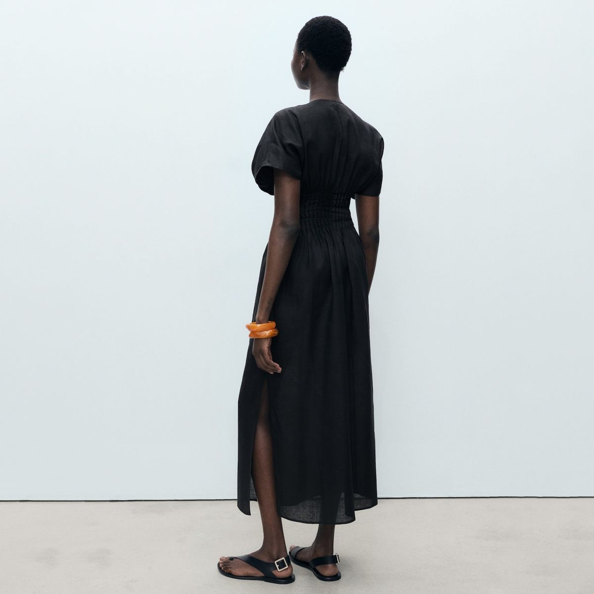 MANGO - Vestido Largo Lino Panel Fruncido Mujer Mango