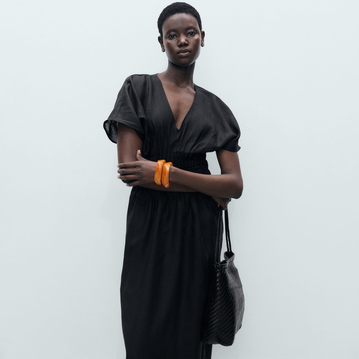 MANGO - Vestido Largo Lino Panel Fruncido Mujer Mango