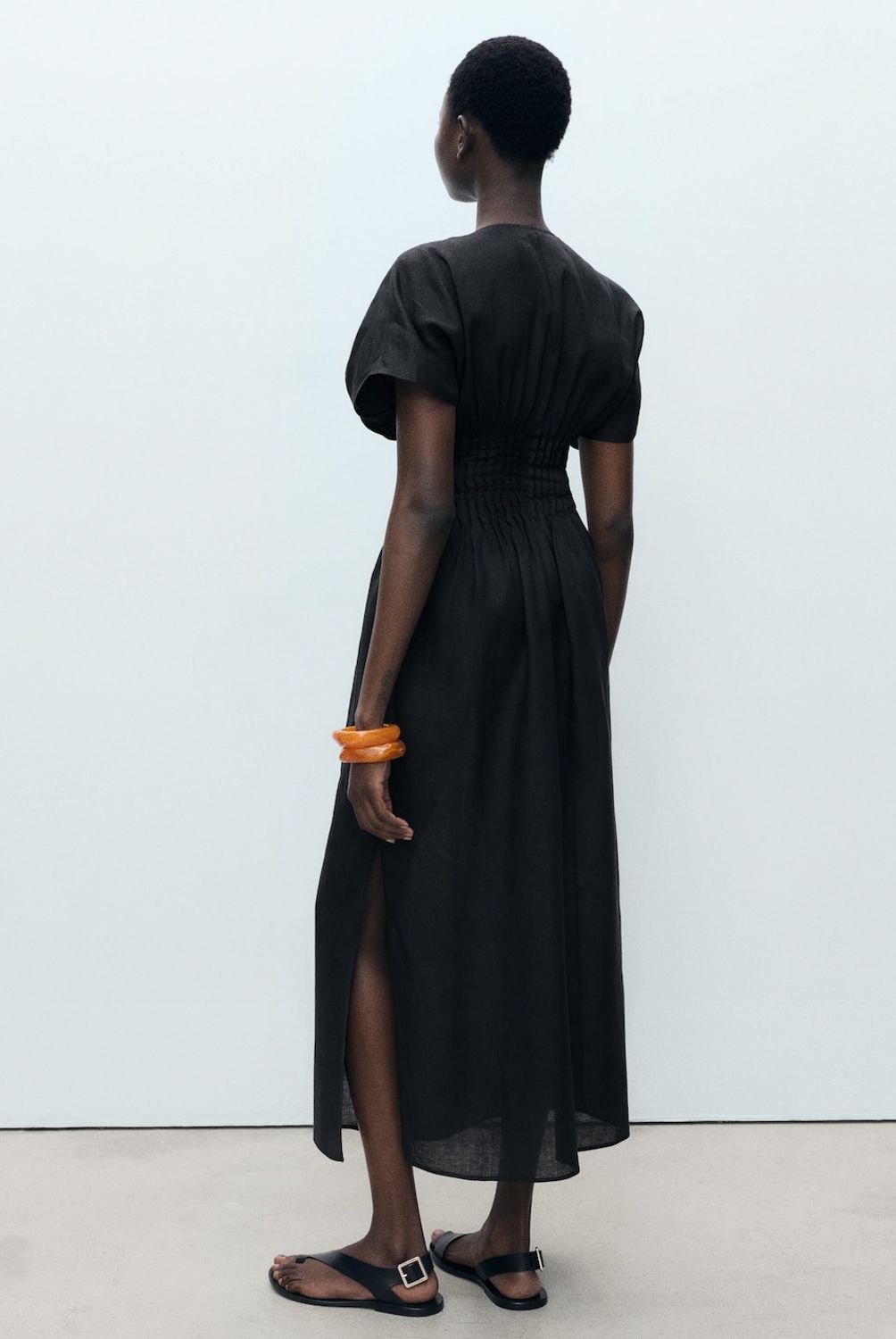 MANGO - Vestido Largo Lino Panel Fruncido Mujer Mango