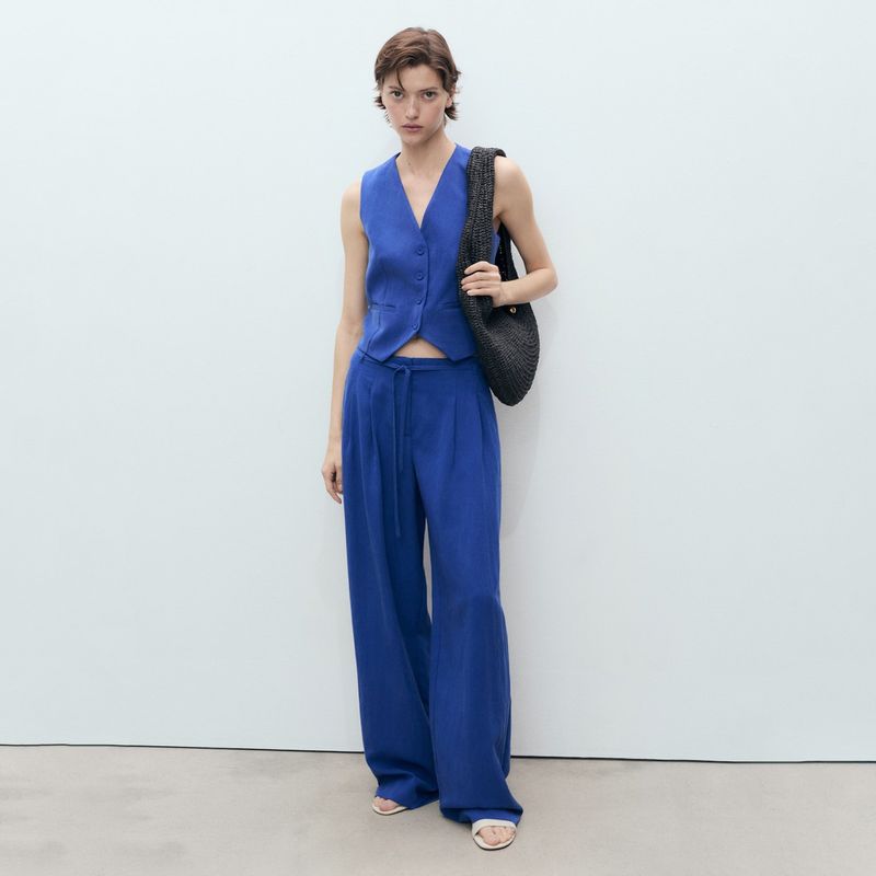 MANGO - Pantalón Traje Lyocell Cinturón Lazo Mujer Mango