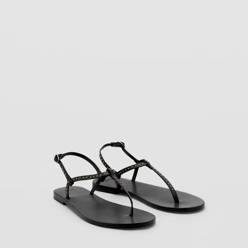 MANGO - Sandalia Mujer Cuero Negro Mango