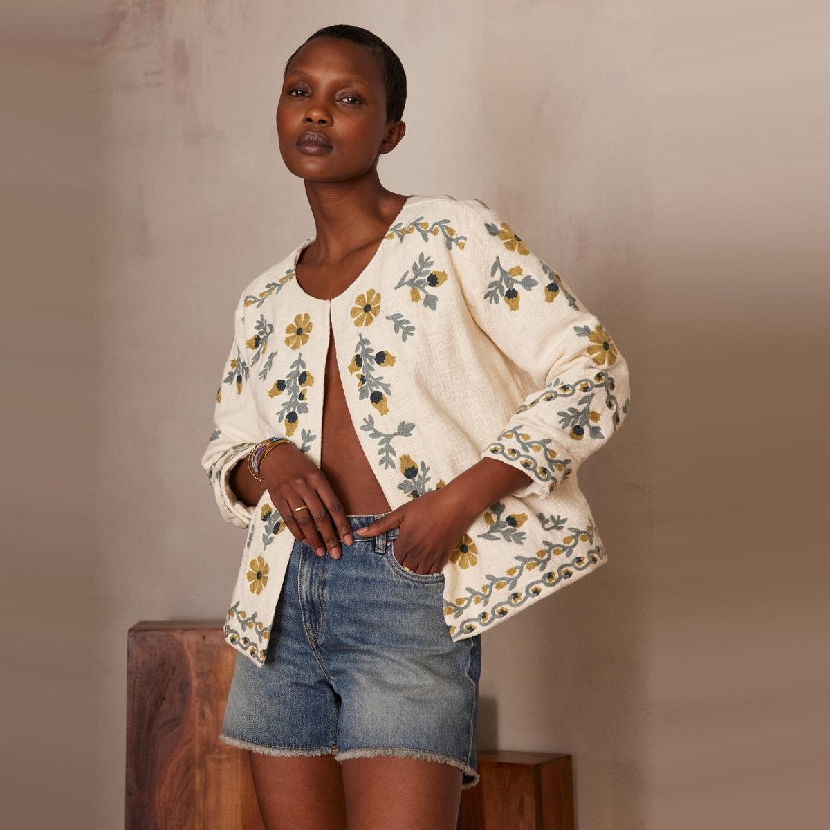 MAISON 123 - Chaqueta Abierta Estampada 100% Algodón Mujer 123