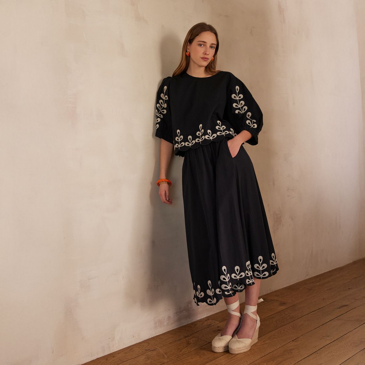 MAISON 123 - Falda Midi Detalles Bordados Mujer 123