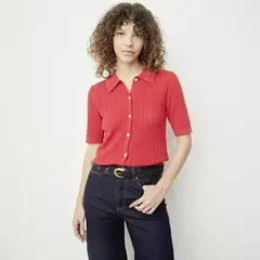 VERO MODA - Polera Botones Manga Corta Algodón Mujer