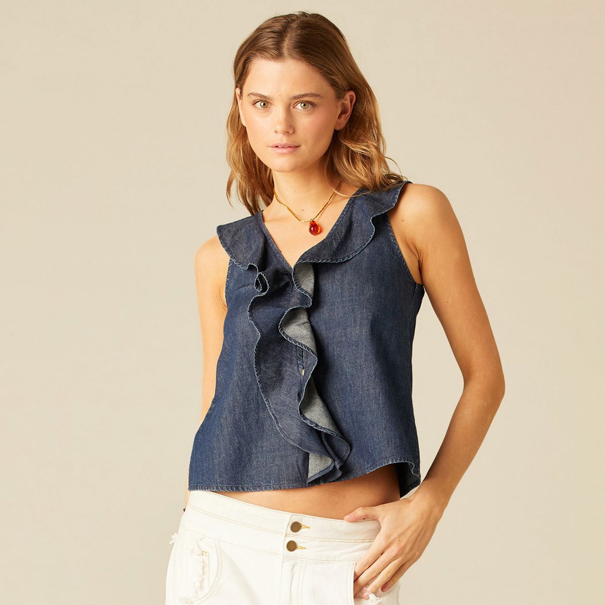 NICOLI - Top Denim Volantes Mujer Nicoli