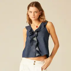 NICOLI - Top Denim Volantes Mujer
