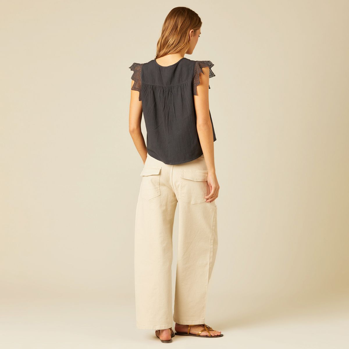 NICOLI - Blusa Encaje Triángulo Antracita  Mujer Nicoli