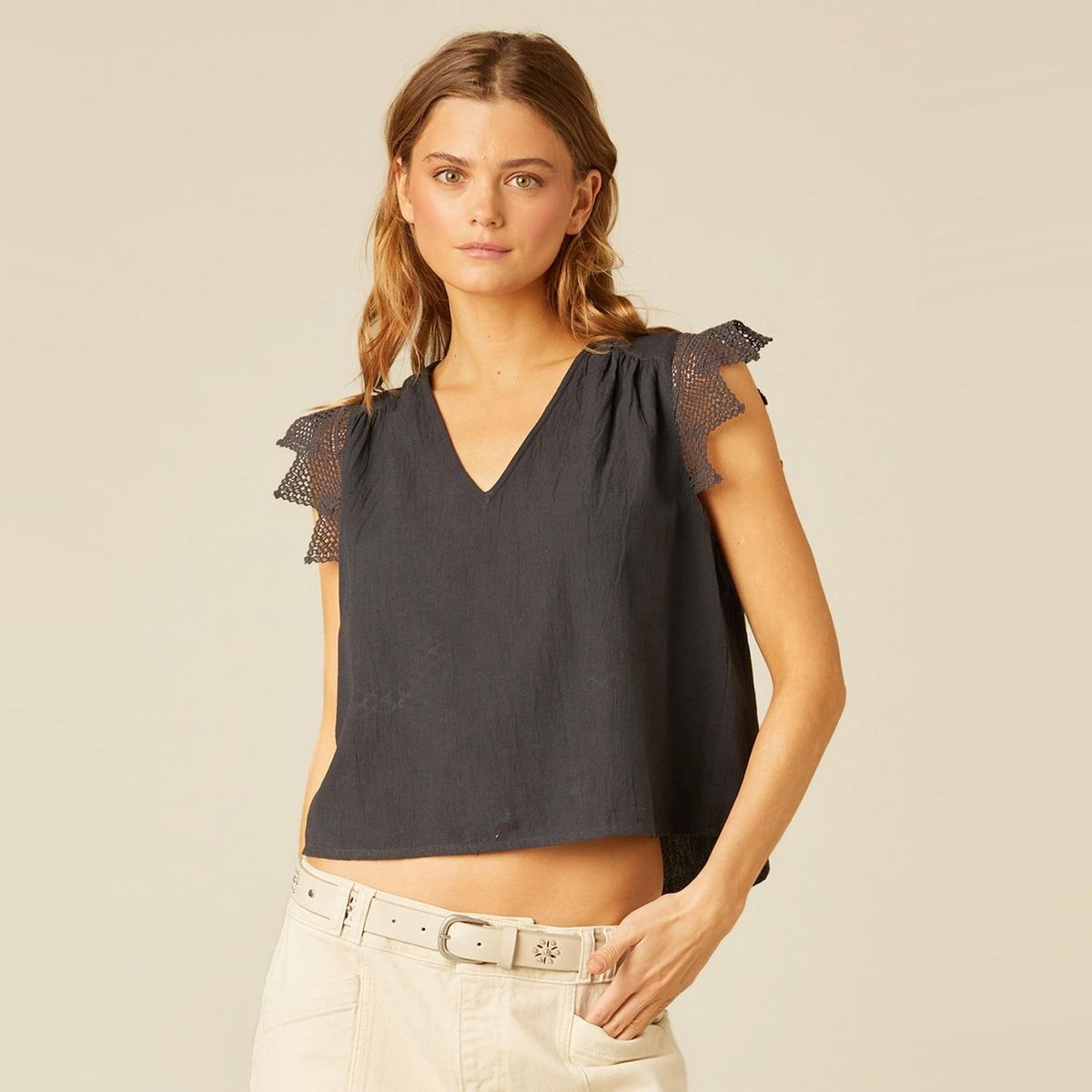 NICOLI - Blusa Encaje Triángulo Antracita  Mujer Nicoli