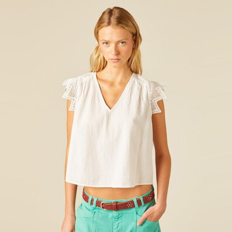 NICOLI - Blusa  Encaje Triángulo Blanca Mujer Nicoli