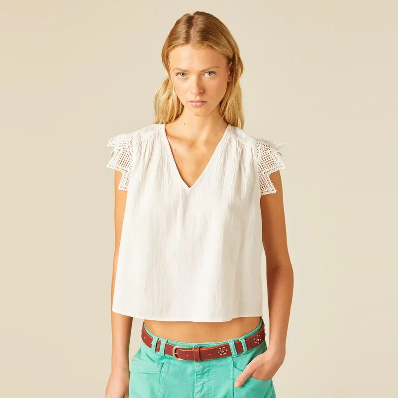 NICOLI - Blusa  Encaje Triángulo Blanca Mujer Nicoli