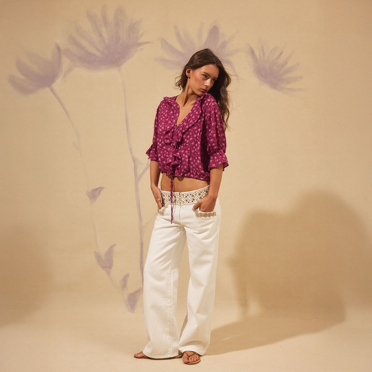 NICOLI - Pantalón Bordado Tachas Blanco Mujer Nicoli