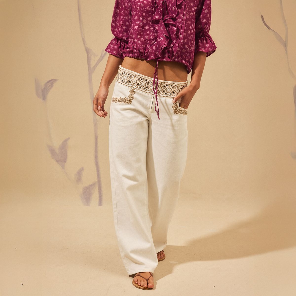 NICOLI - Pantalón Bordado Tachas Blanco Mujer Nicoli