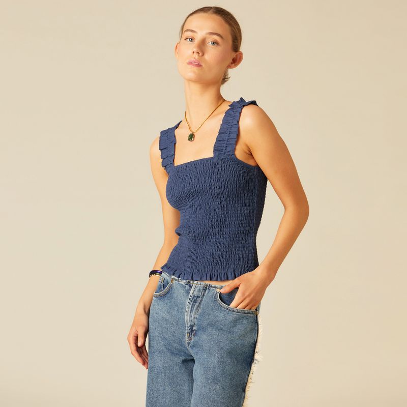 NICOLI - Top Fruncido Volante Azul Mujer Nicoli