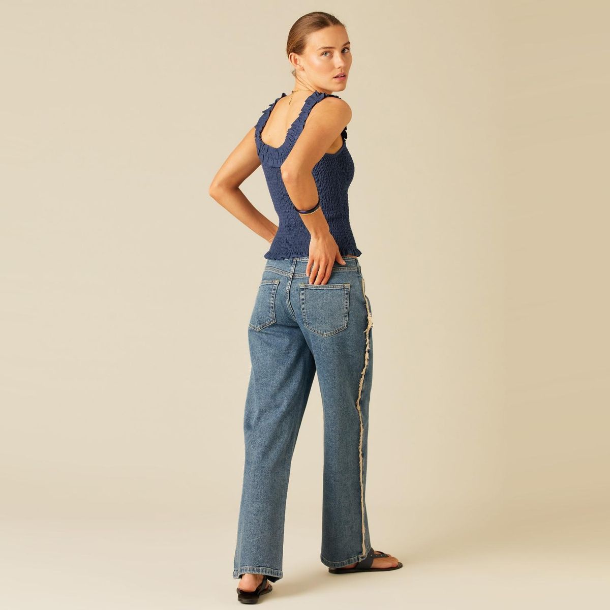 NICOLI - Top Fruncido Volante Azul Mujer Nicoli