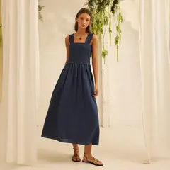NICOLI - Vestido Fruncido Volante Azul Mujer