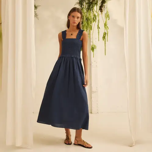 NICOLI - Vestido Fruncido Volante Azul Mujer