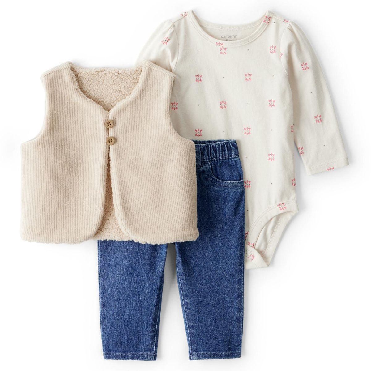 CARTER'S - Conjunto 3 Piezas Pantalón, Body y Chaleco Vest Bebé Niña Carter's