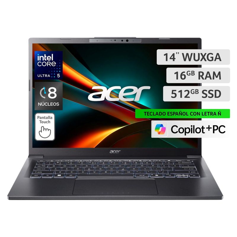 ACER - Notebook Acer Copilot+ PC Aspire IA A14-52MT-59PE-1 Intel Ultra 5 Serie 50 TOPS 8 Núcleos 16GB RAM 512GB SSD WUXGA