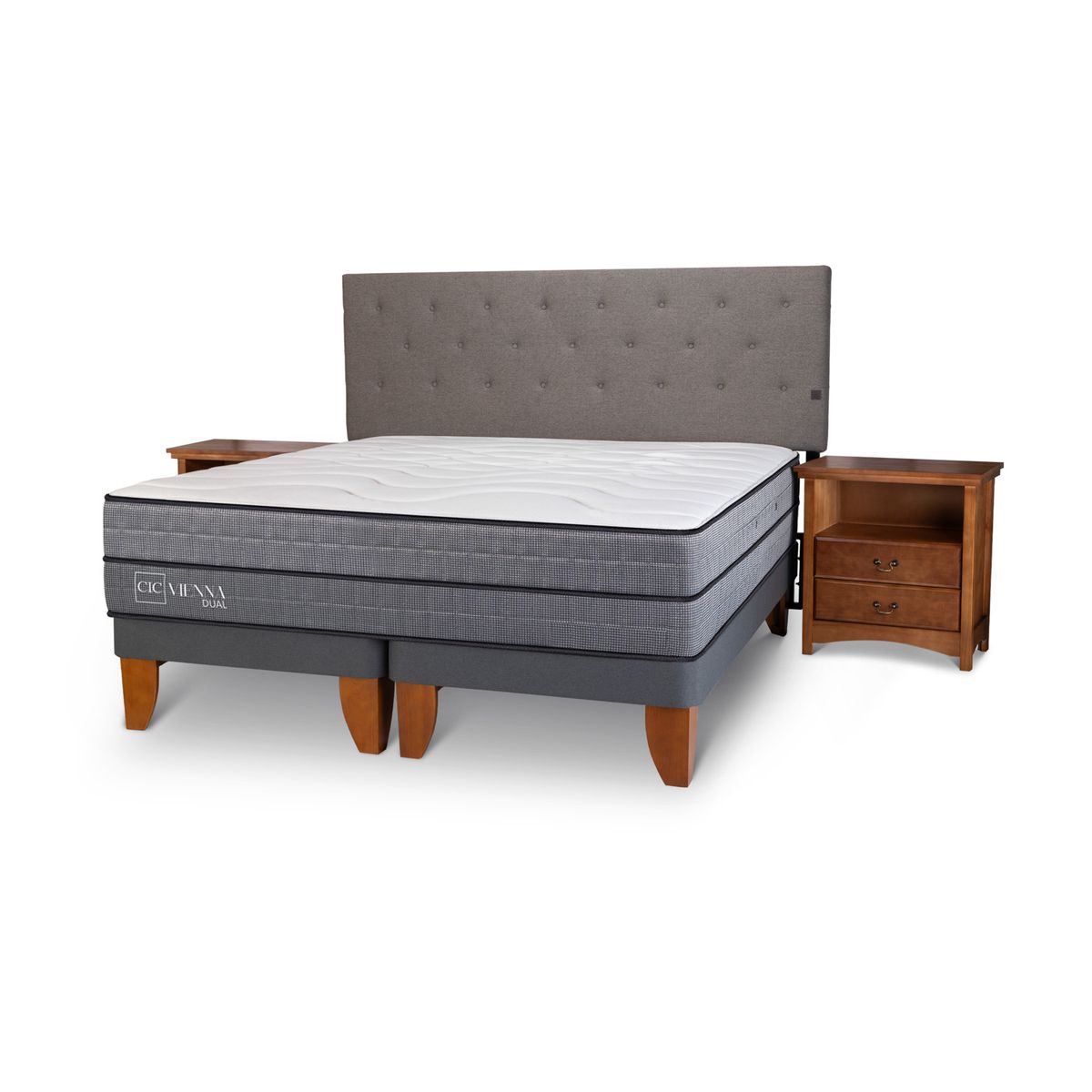 CIC - Cama Europea Vienna Dual  King x 2.00mt Base Dividida + Respaldo + 2 Veladores Cic