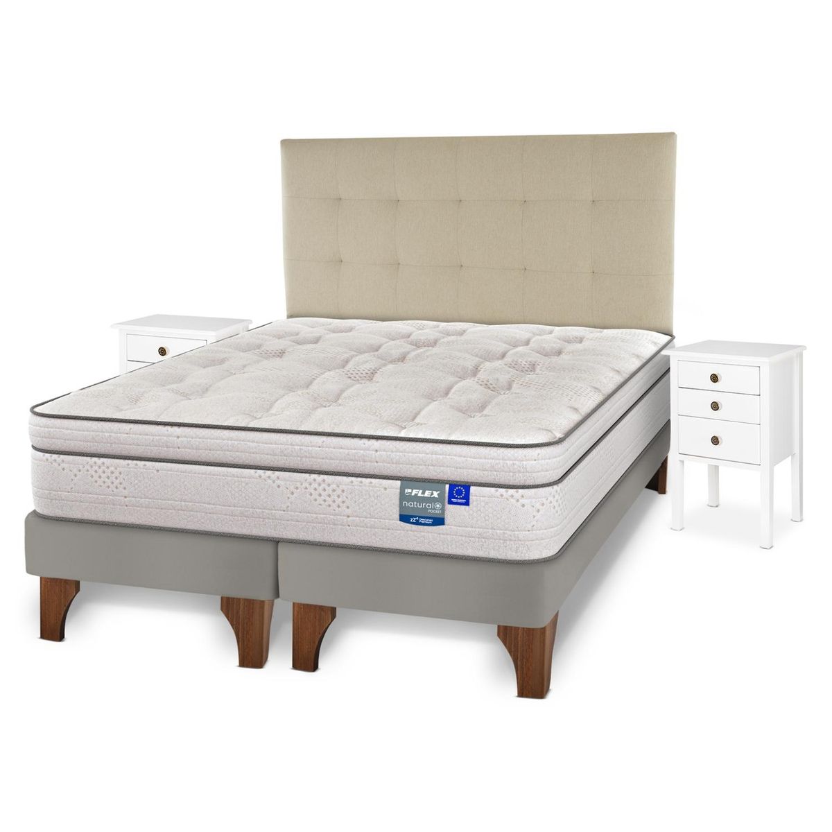 FLEX - Cama Europea Natural Pocket Super King + Respaldo Design + Velador